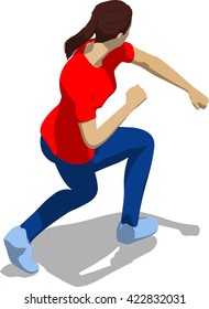 Street fighter after attack. Young athletic woman in red t-shirt and blue tights. 3d flat isometric.