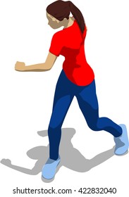 Street fighter after attack. Young athletic woman in red t-shirt and blue tights. 3d flat isometric.