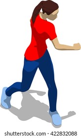 Street fighter after attack. Young athletic woman in red t-shirt and blue tights. 3d flat isometric.