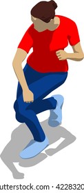 Street fighter after attack. Young athletic woman in red t-shirt and blue tights. 3d flat isometric.