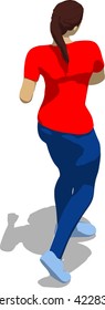 Street fighter after attack. Young athletic woman in red t-shirt and blue tights. 3d flat isometric.