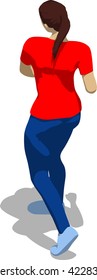 Street fighter after attack. Young athletic woman in red t-shirt and blue tights. 3d flat isometric.