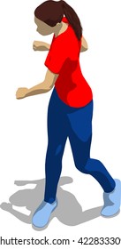 Street fighter after attack. Young athletic woman in red t-shirt and blue tights. 3d flat isometric.
