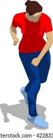 Street fighter after attack. Young athletic woman in red t-shirt and blue tights. 3d flat isometric.