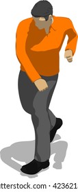 Street fighter after attack. Young thin man in orange shirt. 3d flat isometric.