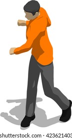 Street fighter after attack. Young thin man in orange shirt. 3d flat isometric.