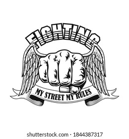 Street Fighter Badge Vector Illustration. Fists With Wings, Text On Ribbon. Lifestyle Concept For Fight Club Emblem Or Gangsta Tattoo Templates