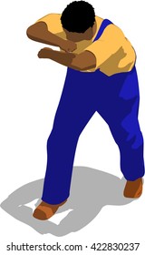 Street fighter blocking the hit. African fat man in a blue overalls and a yellow t-shirt. 3d flat isometric.
