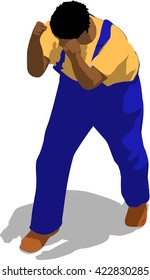 Street fighter blocking the hit. African fat man in a blue overalls and a yellow t-shirt. 3d flat isometric.
