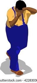 Street fighter blocking the hit. African fat man in a blue overalls and a yellow t-shirt. 3d flat isometric.