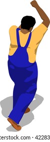 Street fighter blocking the hit. African fat man in a blue overalls and a yellow t-shirt. 3d flat isometric.