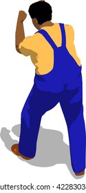 Street fighter blocking the hit. African fat man in a blue overalls and a yellow t-shirt. 3d flat isometric.