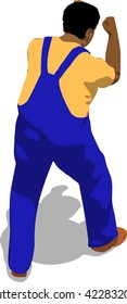 Street fighter blocking the hit. African fat man in a blue overalls and a yellow t-shirt. 3d flat isometric.