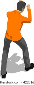 Street fighter blocking the hit. Young thin man in orange shirt. 3d flat isometric.