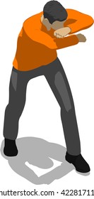 Street fighter blocking the hit. Young thin man in orange shirt. 3d flat isometric.