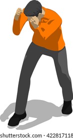 Street fighter blocking the hit. Young thin man in orange shirt. 3d flat isometric.