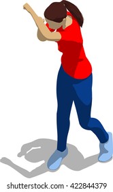 Street fighter blocking the hit. Young athletic woman in red t-shirt and blue tights. 3d flat isometric.