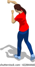 Street fighter blocking the hit. Young athletic woman in red t-shirt and blue tights. 3d flat isometric.