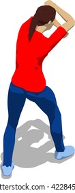 Street fighter blocking the hit. Young athletic woman in red t-shirt and blue tights. 3d flat isometric.