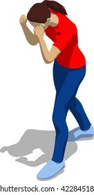 Street fighter blocking the hit. Young athletic woman in red t-shirt and blue tights. 3d flat isometric.