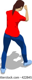 Street fighter blocking the hit. Young athletic woman in red t-shirt and blue tights. 3d flat isometric.