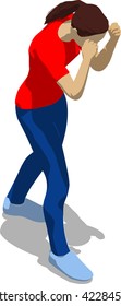 Street fighter blocking the hit. Young athletic woman in red t-shirt and blue tights. 3d flat isometric.