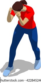 Street fighter blocking the hit. Young athletic woman in red t-shirt and blue tights. 3d flat isometric.