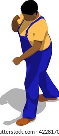 Street fighter in a boxing stance. African fat man in a blue overalls and a yellow t-shirt. 3d flat isometric.