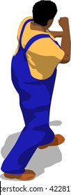 Street fighter in a boxing stance. African fat man in a blue overalls and a yellow t-shirt. 3d flat isometric.