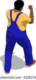 Street fighter in a boxing stance. African fat man in a blue overalls and a yellow t-shirt. 3d flat isometric.