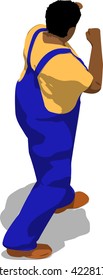 Street fighter in a boxing stance. African fat man in a blue overalls and a yellow t-shirt. 3d flat isometric.