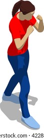 Street fighter in a boxing stance. Young athletic woman in red t-shirt and blue tights. 3d flat isometric.