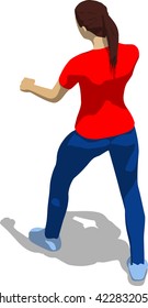 Street fighter in a boxing stance. Young athletic woman in red t-shirt and blue tights. 3d flat isometric.