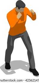 Street fighter in a boxing stance. Young thin man in orange shirt. 3d flat isometric.