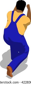 Street fighter evading hit. African fat man in a blue overalls and a yellow t-shirt. 3d flat isometric.