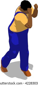 Street fighter evading hit. African fat man in a blue overalls and a yellow t-shirt. 3d flat isometric.