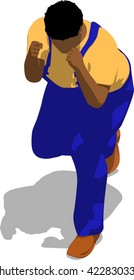 Street fighter evading hit. African fat man in a blue overalls and a yellow t-shirt. 3d flat isometric.