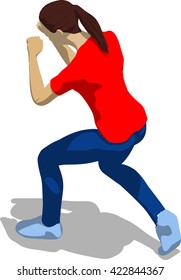 Street fighter evading hit. Young athletic woman in red t-shirt and blue tights. 3d flat isometric.