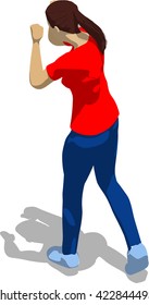 Street fighter evading hit. Young athletic woman in red t-shirt and blue tights. 3d flat isometric.