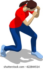 Street fighter evading hit. Young athletic woman in red t-shirt and blue tights. 3d flat isometric.
