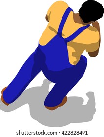 Street fighter getting hit to head. African fat man in a blue overalls and a yellow t-shirt. 3d flat isometric.