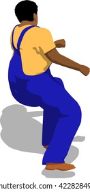 Street fighter getting hit to head. African fat man in a blue overalls and a yellow t-shirt. 3d flat isometric.