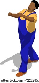 Street fighter getting hit to head. African fat man in a blue overalls and a yellow t-shirt. 3d flat isometric.