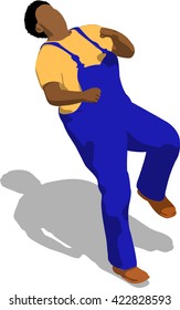 Street fighter getting hit to head. African fat man in a blue overalls and a yellow t-shirt. 3d flat isometric.