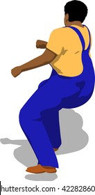 Street fighter getting hit to head. African fat man in a blue overalls and a yellow t-shirt. 3d flat isometric.