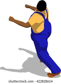 Street fighter getting hit to head. African fat man in a blue overalls and a yellow t-shirt. 3d flat isometric.