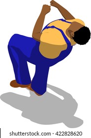 Street fighter getting hit to head. African fat man in a blue overalls and a yellow t-shirt. 3d flat isometric.