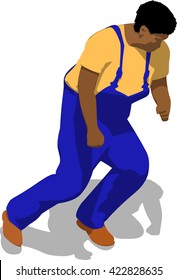 Street fighter getting hit to head. African fat man in a blue overalls and a yellow t-shirt. 3d flat isometric.