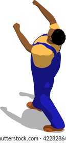 Street fighter getting hit to head. African fat man in a blue overalls and a yellow t-shirt. 3d flat isometric.