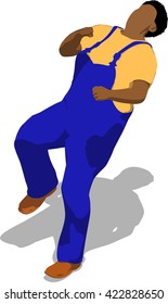 Street fighter getting hit to head. African fat man in a blue overalls and a yellow t-shirt. 3d flat isometric.